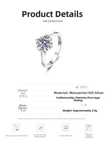 Detail view of 1ct Moissanite ring specs and maintenance icons on white background