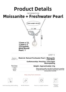 Nahaufnahme des S925 Silber-Bogenanhängers mit 8mm Süßwasserperle und funkelndem Moissanit