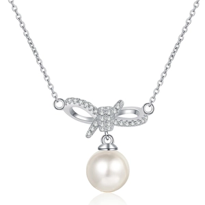 S925 silver bow necklace featuring a sparkling moissanite diamond and a round white pearl