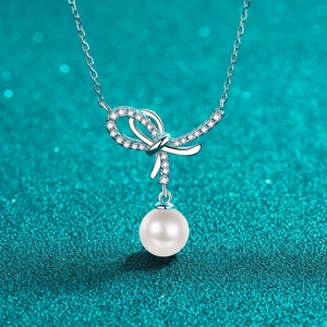 925 Sterlingsilber Schleife Moissanit Künstliche Perle Halskette Für Damen Elegante Süße Bogen Anhänger Gliederkette Schmuck Geschenk