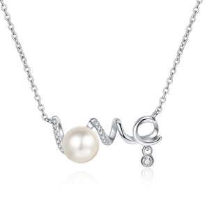 S925 silver LOVE necklace with a large white pearl and sparkling pave crystals