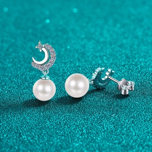 Elegant S925 silver star and moon pearl earrings with sparkling moissanite accents