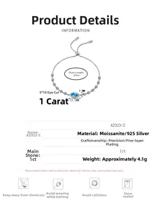 Detail of 925 sterling silver bracelet with 1 carat marquise blue moissanite and sizing
