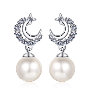 Star and moon pearl drop earrings in S925 silver with sparkling zircon pavé setting