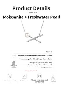 Dettaglio collana incrociata in argento 925 con perla d'acqua dolce e moissanite