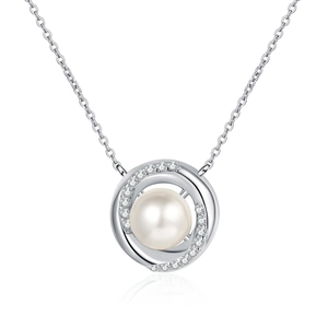 Elegant S925 silver necklace featuring a lustrous round pearl in a diamond-set swirl pendant