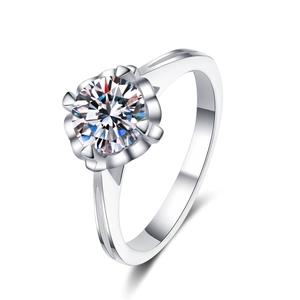 S925 sterling silver ring with round moissanite in elegant petal six-prong setting