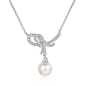 Elegante S925 Silber Schleife Halskette mit großer runder Perle und funkelnden Diamanten