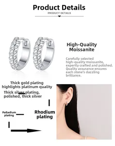 Detail of S925 sterling silver moissanite hoop earrings with multi-layer platinum plating