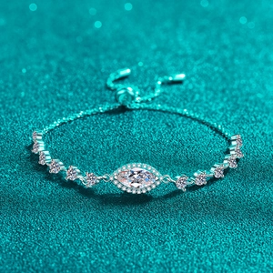 Adjustable S925 silver bracelet with marquise-cut blue stone and sparkling halo detail