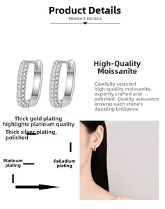 Detail view of S925 silver U-shaped hoop earrings with multi-row moissanite pave setting
