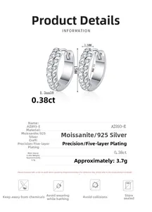 Detailed size specifications of 15mm Moissanite 925 silver hoop earrings with dimensions