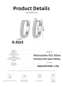 Detail view of 925 silver hoop earrings with double row moissanite stones and measurements