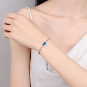 S925 sterling silver bracelet featuring a marquise blue stone and adjustable pull chain