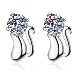 Elegant S925 sterling silver cat earrings with sparkling round moissanite on white background