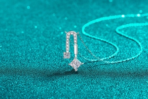 Macro detail of S925 silver U-shape pendant with square and round moissanite stones