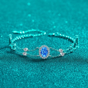 Luxury 925 Sterling Silver Oval Moissanite Bracelet For Women Trendy Double Chain Halo Blue White Stone Bracelet Jewelry Gift