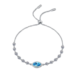 Adjustable S925 sterling silver bracelet with marquise-cut blue stone and zircon chain