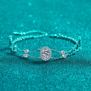 Elegant 925 sterling silver moissanite bracelet with oval halo charm and double chain link