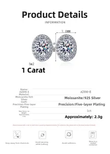 Detailed view of 1ct oval moissanite 925 silver stud earrings with size specifications