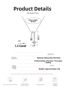 Detailed technical specifications and sizing of S925 silver moissanite pendant necklace