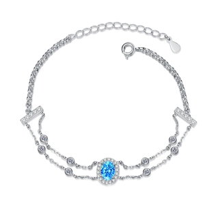 925 Sterling Silver Moissanite Double Layer Bracelet with Blue Oval Gemstone Center