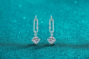 Macro view of S925 sterling silver paperclip earrings with moissanite tassels