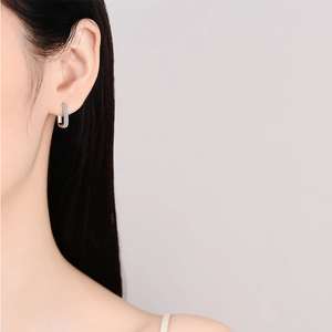 Elegant S925 sterling silver rectangular huggie earrings with double row pavé moissanite