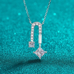 925 Sterling Silver Moissanite Necklace Geometric U-Shape Design Luxury Square Round Stone Pendant Jewelry Gift for Women