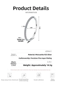 Detail of S925 sterling silver bangle with 2.6ct moissanite stones and size measurements