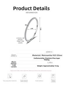 Detailed spec sheet showing 925 sterling silver moissanite bangle dimensions and jewelry care