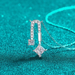 S925 sterling silver necklace with square moissanite pendant on luxury blue background