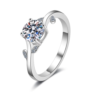 Bague en argent sterling S925 avec motifs feuilles et pierre ronde en moissanite