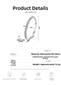 Vue détaillée du bracelet jonc en argent 925 et moissanite avec spécifications techniques