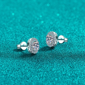 Elegant S925 sterling silver halo stud earrings with oval moissanite and geometric carving