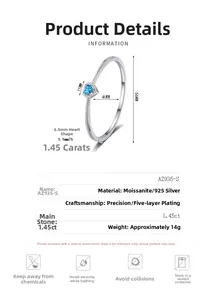 Detailed specs of S925 silver heart bracelet with 1.45ct blue moissanite and dimensions