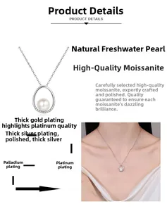 Detailed close-up of S925 silver oval pendant featuring freshwater pearl and moissanite stones