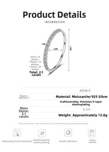Détail du bracelet jonc en argent 925 et moissanite avec largeur 6mm et diamètre 56mm