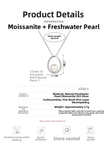 Detail view of oval 925 silver pendant with pearl and dimensions 17mm by 13.8mm