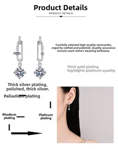 Detailed view of sterling silver moissanite paperclip drop earrings with plating info