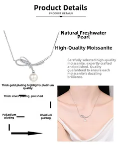 Detail showing S925 silver bow pendant with moissanite and a natural freshwater pearl