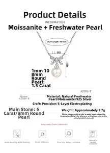 Detail of S925 silver bow pendant with moissanite and 8mm freshwater pearl on chain