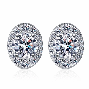 Classic oval S925 sterling silver stud earrings with moissanite halo and clear gemstones