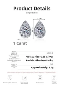 Detailed size chart for teardrop halo Moissanite studs in 925 sterling silver