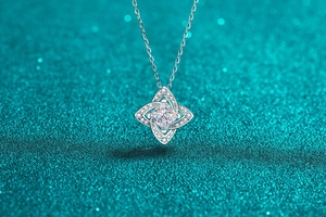 Detailed close-up of a square-cut moissanite pendant on a silver S925 chain