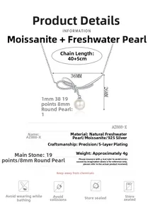 Detail showing S925 silver bow pendant with 8mm freshwater pearl and moissanite stone