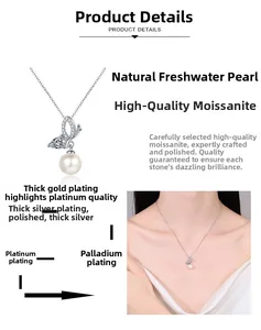 Detail of S925 silver butterfly necklace with moissanite stones and freshwater pearl
