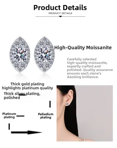 Detail of marquise-shaped Moissanite stud earrings with rhodium plating and silver