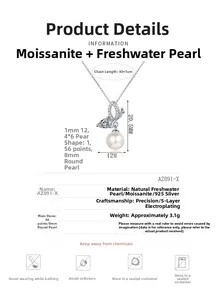 Detailed view of S925 silver butterfly necklace with moissanite and freshwater pearl
