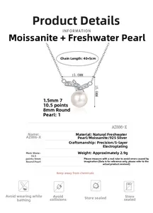 Dettaglio macro della collana in argento S925 con perla d'acqua dolce 8mm e moissanite